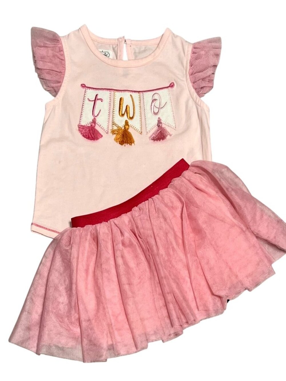 Mud Pie 24m/2T Tutu 2nd Birthday outfit set pink tutu shirt sparkle tassel NWOT